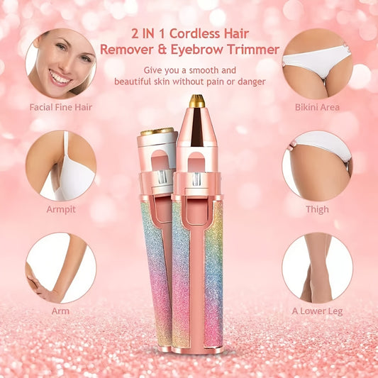 2-in-1 cordless hair remover and eyebrow trimmer with pink glittery design on a pink background.