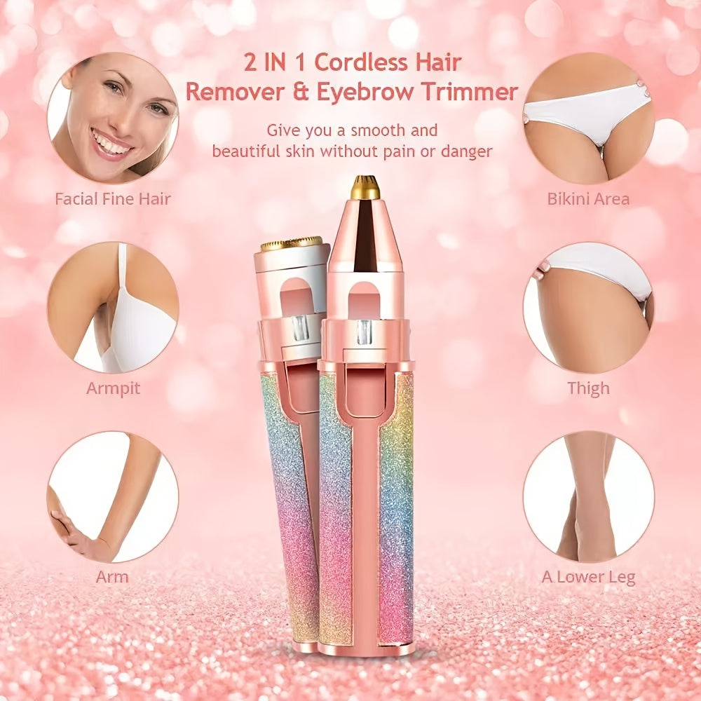 2-in-1 cordless hair remover and eyebrow trimmer with pink glittery design on a pink background.