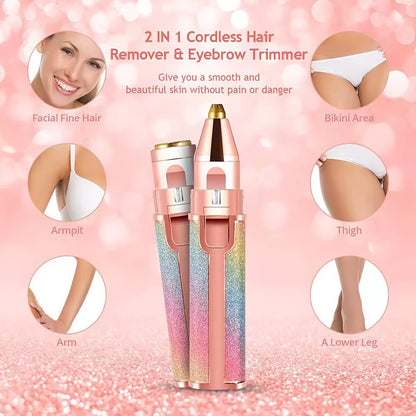 2-in-1 cordless hair remover and eyebrow trimmer with pink glittery design on a pink background.